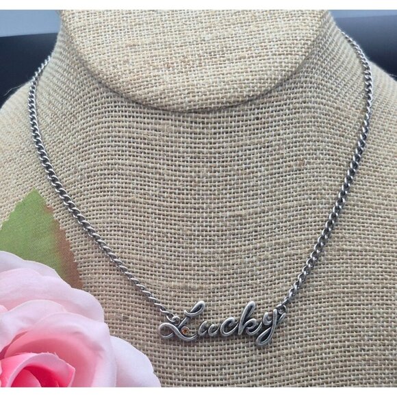 5X Brand Silver Tone Curb Chain LUCKY Pendant Necklace 16" to 18" Orange Crystal - Picture 2 of 7